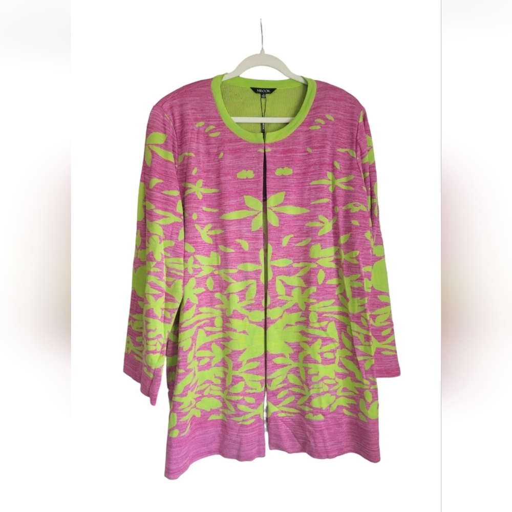 Misook Size 3XL Pink Green Knit Floral Leaf Long Knit blazer Jacket